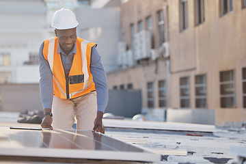 Image showing Black man working, engineer and solar panel electrician with sustainable installation outdoor. Businessman, renewable energy and industrial eco friendly panels of maintenance employee and handyman