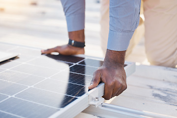 Image showing Black man hands, engineer and solar panel grid of construction worker technician outdoor. Businessman, renewable energy and industrial eco friendly panels of maintenance employee and handyman