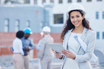 Image showing Architecture, tablet and portrait with black woman in city for construction blueprint, building or engineering. Maintenance, inspection and technology with employee for contractor, digital or project