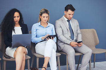 Image showing Human resources, technology and business people waiting in line for an interview during the recruitment process. Resume, diversity or hiring with a man and woman employee group sitting in an hr line