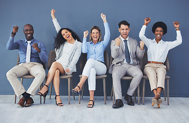 Image showing Business people, diversity and celebration in waiting room for recruitment, winning or hiring success at the office. Happy group of intern candidates celebrating victory, win or achievement for hired