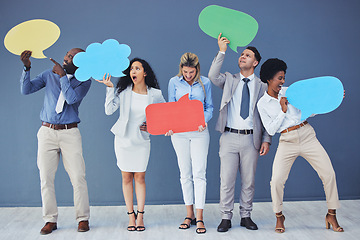 Image showing Speech bubble, team and comment by business people holding sign, news and voice icon feeling excited on social media. Group, opinion and poll by employees with mockup space in studio blue background