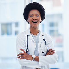 Image showing Medical, smile and happy with portrait of black woman for healthcare, expert and professional. Medicine, wellness and surgeon with doctor in hospital for proud, confidence and life insurance