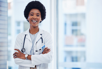 Image showing Medical, smile and happy with portrait of doctor for for healthcare, expert and professional. Medicine, wellness and surgeon with black woman and arms crossed for proud, confidence or life insurance