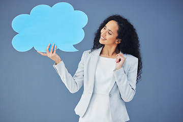 Image showing Speech bubble, thought and comment icon by businesswoman thinking with mockup, product placement. Vote, opinion and corporate employee with smile and happy isolated in studio blue background