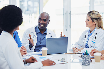 Image showing Medical, meeting and doctors with laptop for research, planning and surgical innovation at hospital. Doctor, team and health experts brainstorm, problem solving and discussing online project together