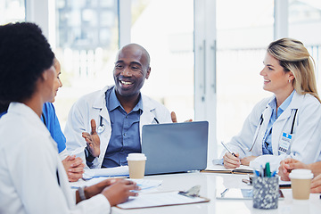 Image showing Meeting, medical and doctors with laptop for research, planning and surgical innovation at hospital. Doctor, team and health experts brainstorm, problem solving and discussing online project together