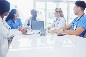 Image showing Healthcare, teamwork and black man in meeting, doctors and conversation for training, research and improvement. African American male, staff and team coaching, mentor and discussion for procedure