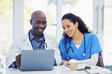 Image showing Doctors, laptop and team at a hospital for planning, internet and search, teamwork and innovation. Healthcare, people and medical research, collaboration and creative problem solving for online app