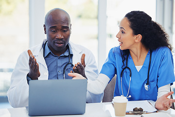 Image showing Healthcare, crisis and doctors argue, stress or panic on laptop, calendar or surgery schedule fail at hospital. Clinic, chaos and black woman angry, frustrated and shout at colleague online mistake