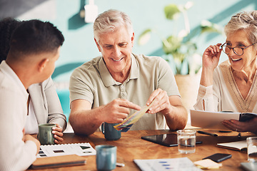 Image showing Business teamwork, meeting and man with documents, proposal and strategy with smile, people and goal. Senior businessman, woman and paperwork for project, collaboration idea and creative team vision