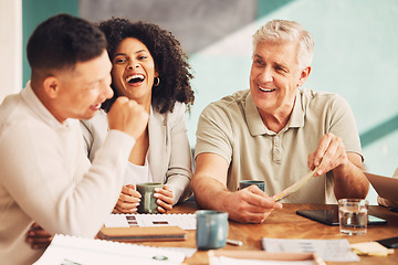 Image showing Team, laugh and funny business people in a meeting in a boardroom or office laughing in diversity and talking. Meeting, joke and colleagues or group of employees on a break and rest at workplace