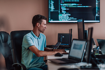 Image showing A programmer diligently testing smartphone applications while sitting in their office.