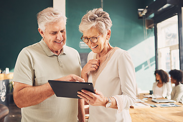 Image showing Senior, tablet and collaboration by elderly colleagues or employees in design company using the internet, website or app. Teamwork, funny and partnership by old workers happy and laughing at meme