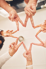 Image showing Business people solidarity, together and peace hands sign for company commitment, job unity or collaboration. Group star, mission teamwork and below view of design team building for community support