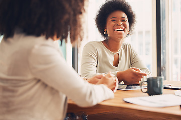 Image showing Coffee shop, meeting and black women laughing for funny conversation, b2b networking and business planning together. Happy african people or friends in restaurant or cafe for remote work and talking