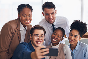 Image showing Selfie, office team and professional people in group for corporate diversity, staff photography and coworking post. Happy corporate friends, career influencer or employees in profile picture or image