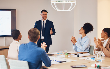 Image showing Thumbs up, CEO presentation or happy business people meeting together in b2b group or startup project. Success, applause or employees smile planning our vision, mission strategy or agency team goals