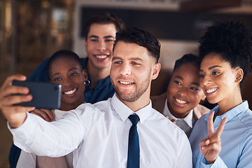 Image showing Selfie, professional people and office team or group in corporate diversity, staff peace sign and coworking online. Happy corporate friends, career influencer or employees in profile picture or image