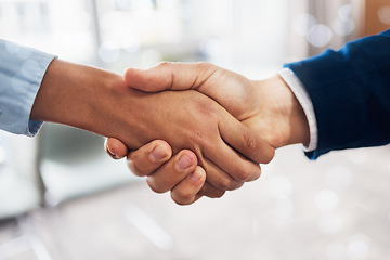 Image showing B2b, black woman or businessman handshake in deal, meeting or startup project partnership together. Teamwork, crm or people shaking hands for sales goals, bonus target or hiring agreement in office