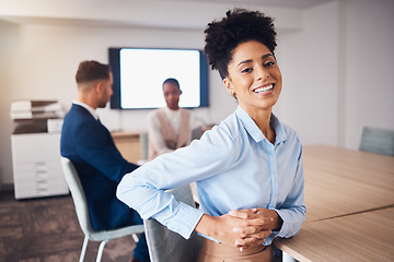 Image showing Corporate, happy and portrait of a woman in a meeting, workshop or seminar with colleagues. Business, cheerful and employee laughing in a boardroom for training, a conference and group coworking