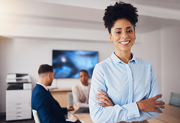 Image showing Pride, executive and portrait of a woman with arms crossed for business, meeting and coworking. Smile, happy and corporate employee with confidence, experience and management of a seminar at work