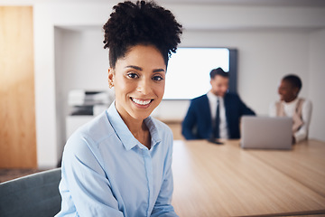Image showing Portrait of happy black woman for professional leadership, mindset and planning in conference room. Young employee, worker or corporate person with employees management, workflow and career mindset