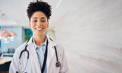 Image showing Portrait of black woman doctor with smile, mockup and confidence, leader in African medicine and treatment. Happy medical professional, trust and help, professional healthcare consultant in hospital.