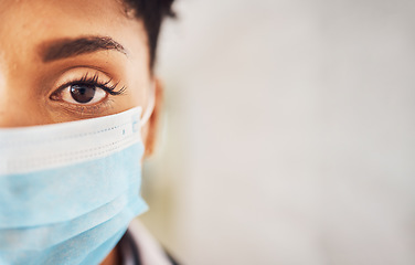 Image showing Mockup, closeup and portrait with black woman, mask and protection against illness, virus and sickness. Face cover, African American female and lady with safety, healthcare and medical regulations