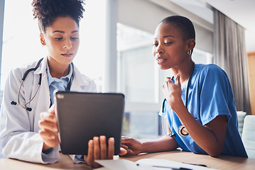 Image showing Tablet, black people or nurses with medical research reading news or tests results in hospital together. Teamwork, digital tech or African doctors planning or speaking of healthcare report on website