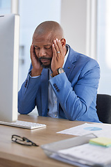 Image showing Headache of tired professional man on computer for project deadline, mental health or career anxiety problem. Sad, depression and burnout of business person or employee fatigue, stress and overworked