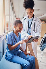 Image showing Tablet, black women or doctors planning surgery in conversation about medical news or tests results in hospital. Teamwork, happy people or African nurses speaking of healthcare report or web research