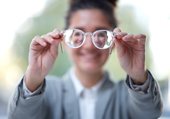 Image showing Business woman, vision and glasses in hands, face reflection and focus with designer frame and prescription lens. Optometry, health for eyes and eyewear, eye care with corporate female and eyesight