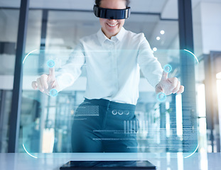 Image showing Business woman, hands and VR with 3D UI hologram in digital transformation, analytics or data innovation. Female in virtual reality with headset for futuristic technology, UX or holographic display