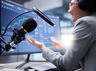 Image showing Stock market podcast, microphone and live streaming of investment growth with radio presenter. Fintech influencer, stocks chat and trading information communication of social media online speaker