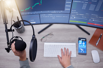 Image showing Microphone, person hands and podcast studio, computer screen and stock market news, radio or audio update. Mic, sound technology and reporter on pc monitor for broadcast, trading and statistics above