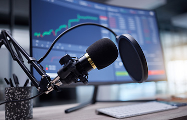 Image showing Microphone, studio and computer screen for podcast, radio or audio news on stock market update background. Mic, sound technology and pc monitor for broadcast, trading review and algorithm statistics