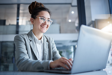 Image showing Professional woman typing on laptop in online internship job, research or career business management. Happy young person working on notebook computer for software, app or internet review or analysis