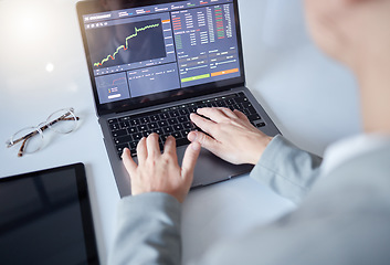 Image showing Hands, laptop and trading in cryptocurrency, bitcoin or blockchain monitoring, chart or profit of investment. Hand of trader, investor or broker with computer on stock market for NFT or ecommerce