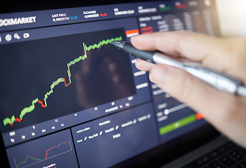 Image showing Hands, laptop and monitoring stock market chart or graph for trading, cryptocurrency or profit of investment. Hand of trader, investor or broker on computer checking candle stick increase to invest