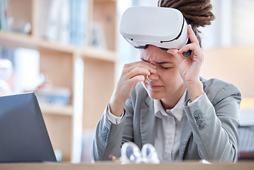 Image showing Woman, vr and pain in office with eyes, headache and stress for futuristic web design, coding and goals. Burnout, eye care problem and girl with ar glasses, fatigue and frustrated face in workplace