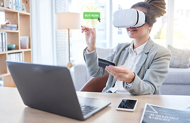 Image showing Woman, laptop and VR in ecommerce with credit card for online shopping or banking at office desk. Happy female shopper with headset for futuristic networking, metaverse or virtual reality transaction