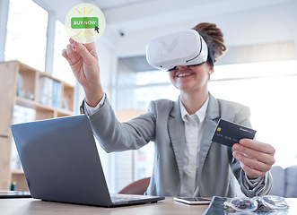 Image showing Woman, laptop and online shopping with credit card in virtual reality for ecommerce or banking at office desk. Happy female shopper with headset for futuristic networking, metaverse or VR transaction