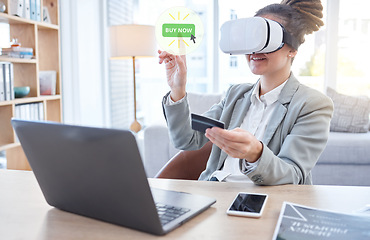 Image showing Woman, laptop and ecommerce with credit card in virtual reality for online shopping or banking at office desk. Happy female shopper with headset for futuristic networking, metaverse or VR transaction