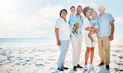 Image showing Happy portrait, beach love or big family bonding, relax or enjoy quality time together for vacation, holiday peace or freedom. Sea mockup, outdoor travel sky or nature people in Rio de Janeiro