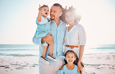 Image showing Happy portrait, beach sunshine and family bond, relax or enjoy quality time together for vacation, holiday peace or freedom. Sea water, outdoor travel or nature people love in Rio de Janeiro Brazil