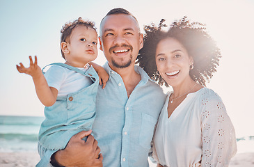 Image showing Happy love, beach sunshine and family bond, relax or enjoy quality time together for vacation, holiday peace or ocean freedom. Sky, outdoor travel portrait or nature people in Rio de Janeiro