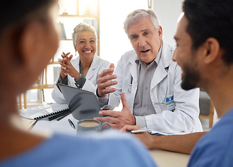 Image showing Team work, planning. or doctors in meeting for a surgery strategy working in hospital for healthcare. Happy smile, medical research or nurses talking, speaking or helping innovation or ideas together