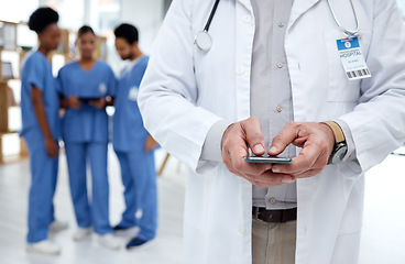 Image showing Healthcare, hospital and hands of doctor with phone for research, telehealth and medical consulting. Nurse team, clinic and health worker on smartphone for patient data, wellness app and internet