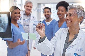 Image showing Medical research, planning x ray or doctors writing on glass board, strategy working in hospital for future medicine. Happy smile, team work or nurses meeting for health innovation or ideas together